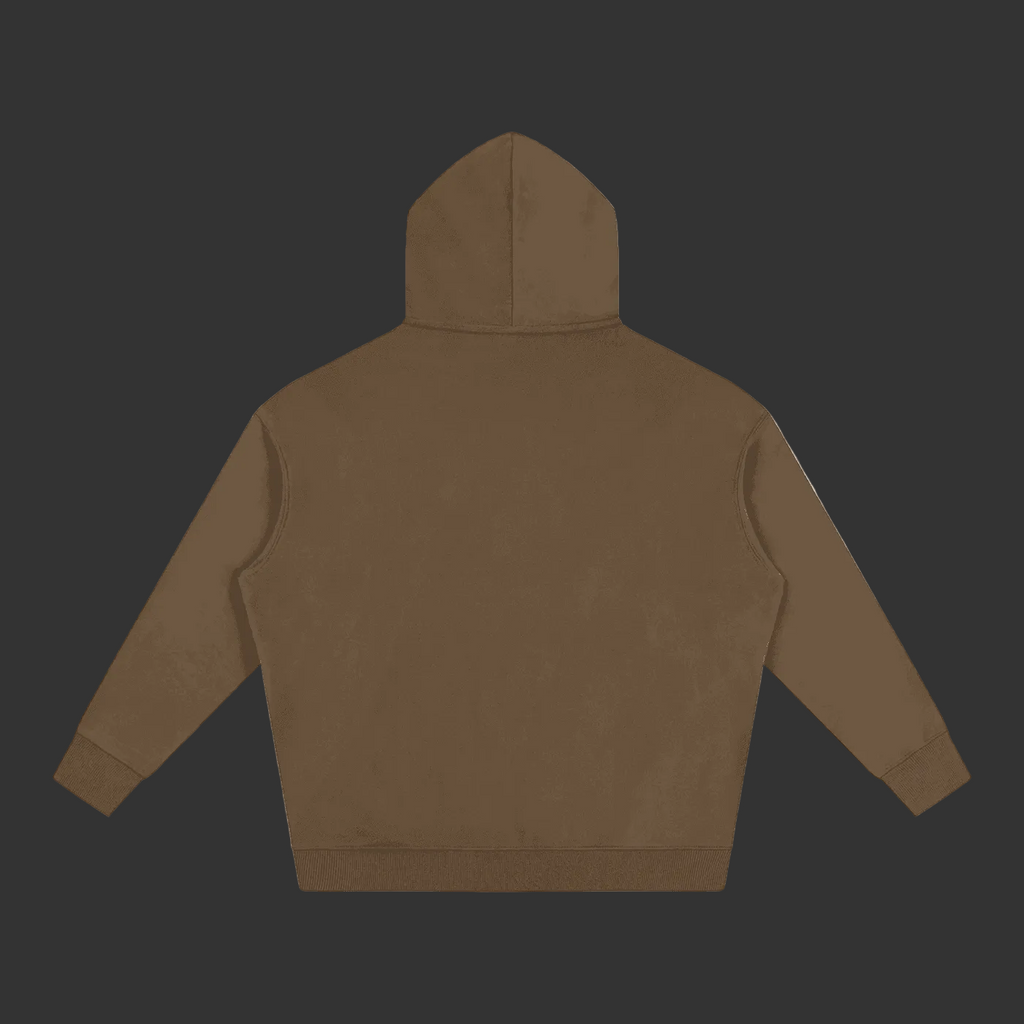 A plain brown hooded sweatshirt shown from the back, laid flat against a solid gray background.