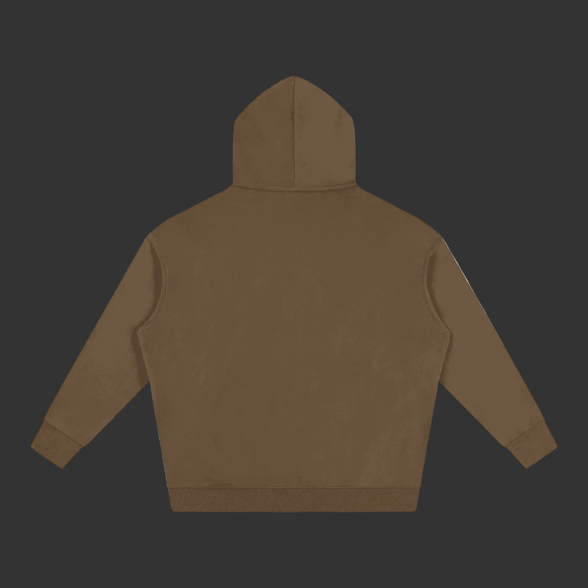 A plain brown hooded sweatshirt shown from the back, laid flat against a solid gray background.