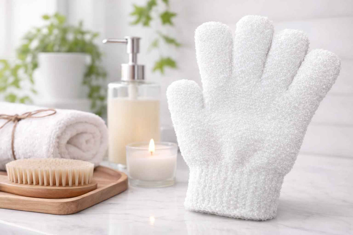 White body scrubber glove for exfoliation and daily skincare with soft textured fabric