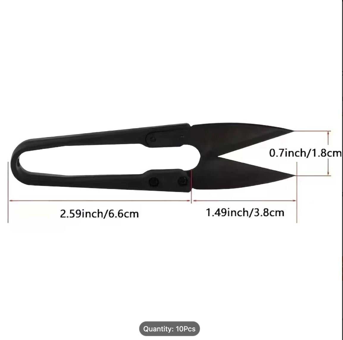 U-shape embroidery scissors dimension diagram showing blade length and compact size measurements for precision thread trimming