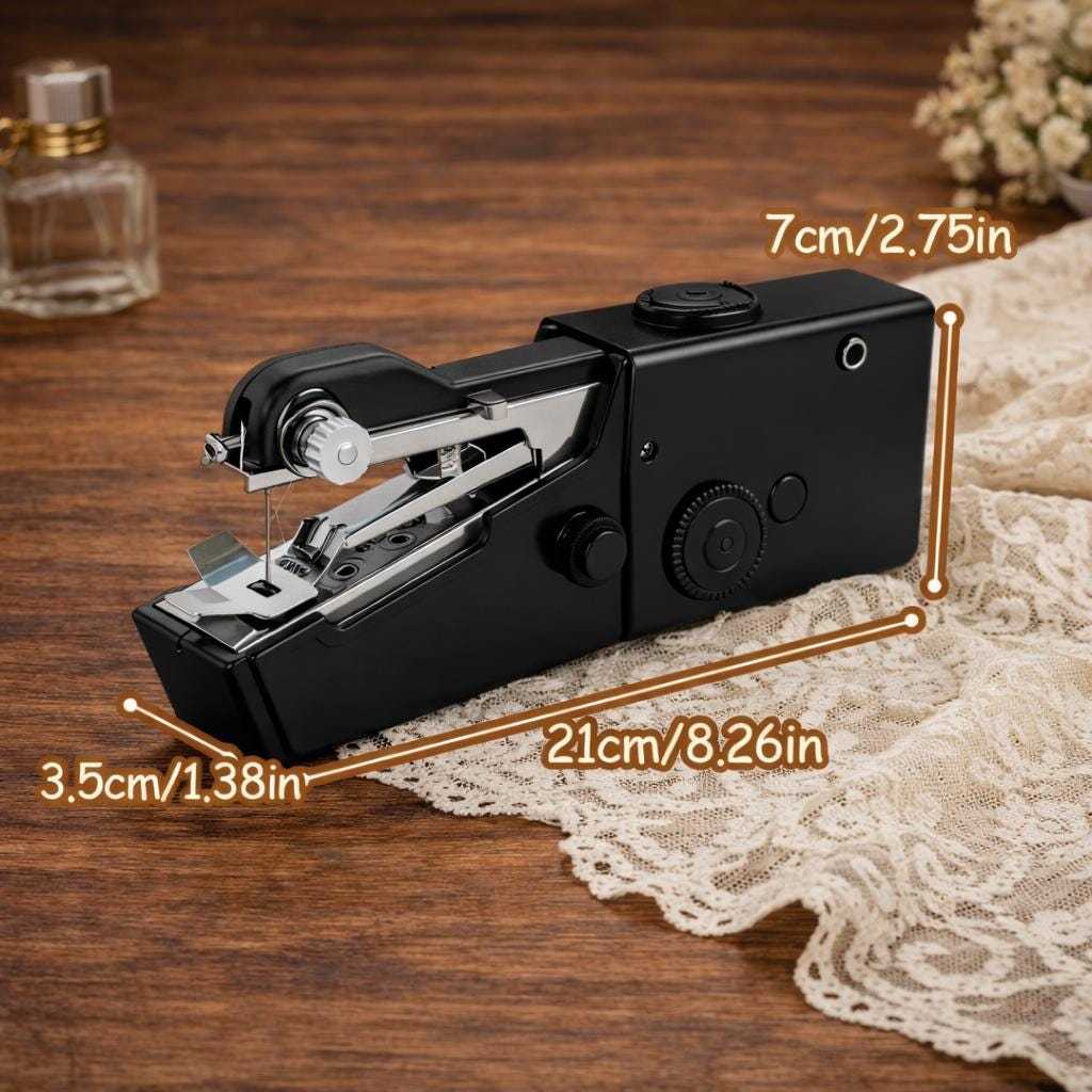 Portable handheld sewing machine for fabric repairs with dimensions
