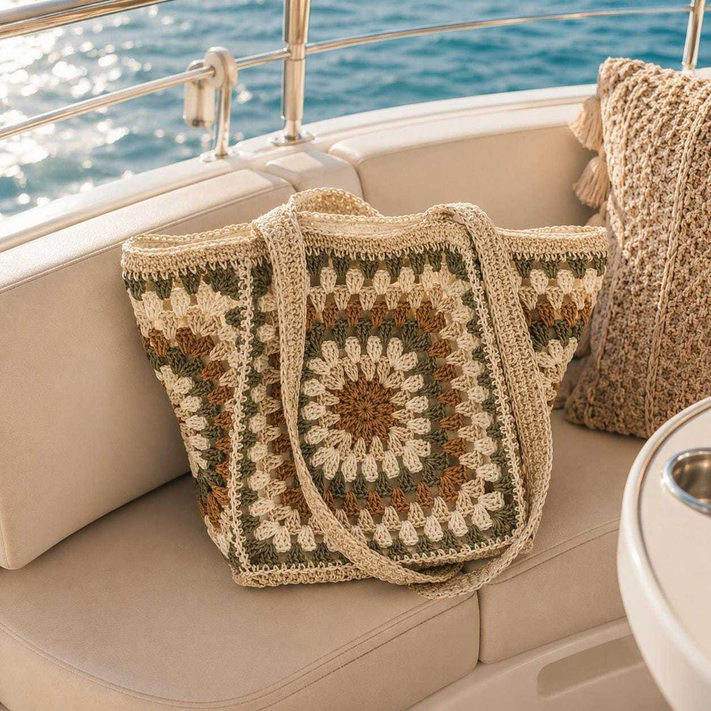 Boho crochet tote bag with granny square design displayed on yacht seating near ocean water