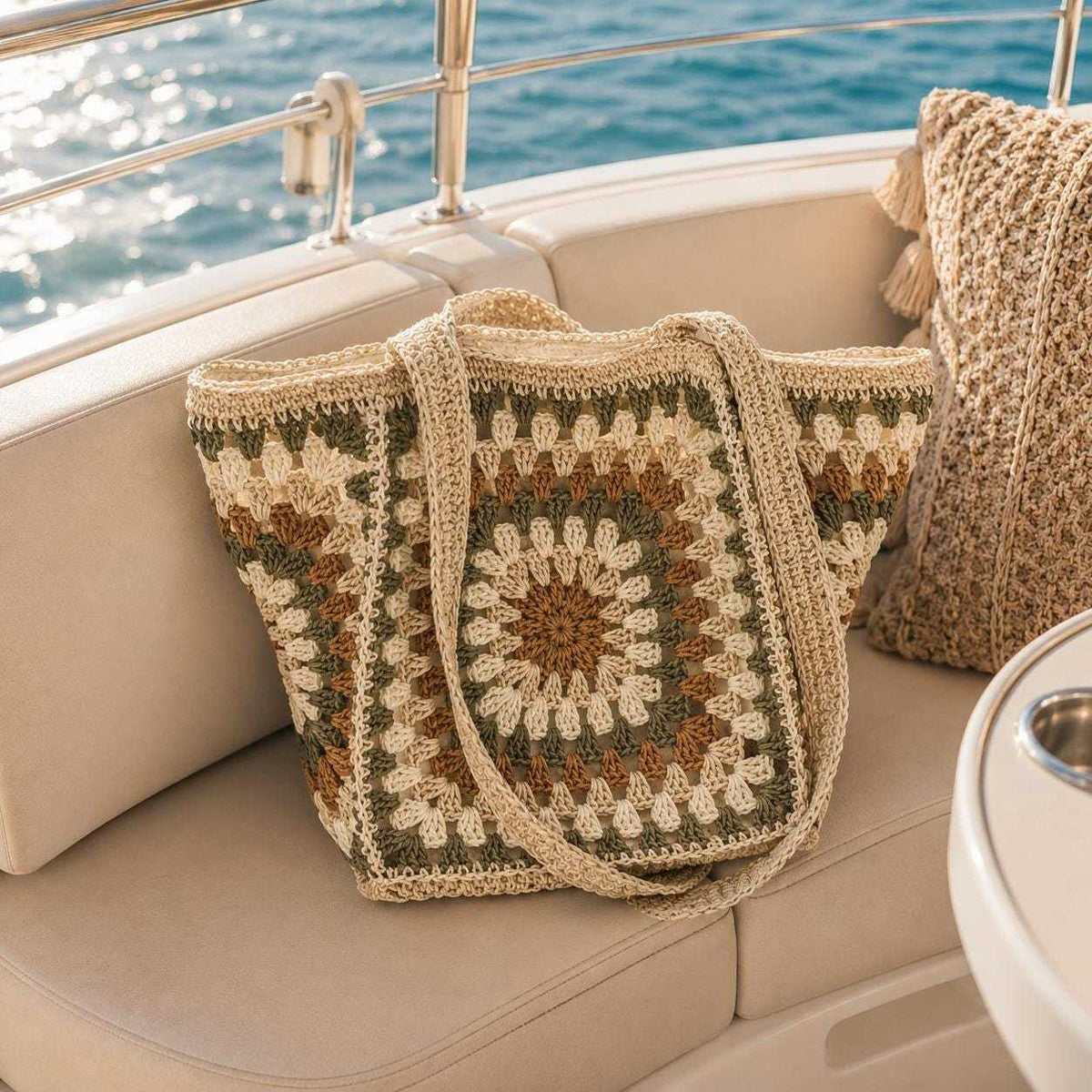 Boho crochet tote bag with granny square design displayed on yacht seating near ocean water