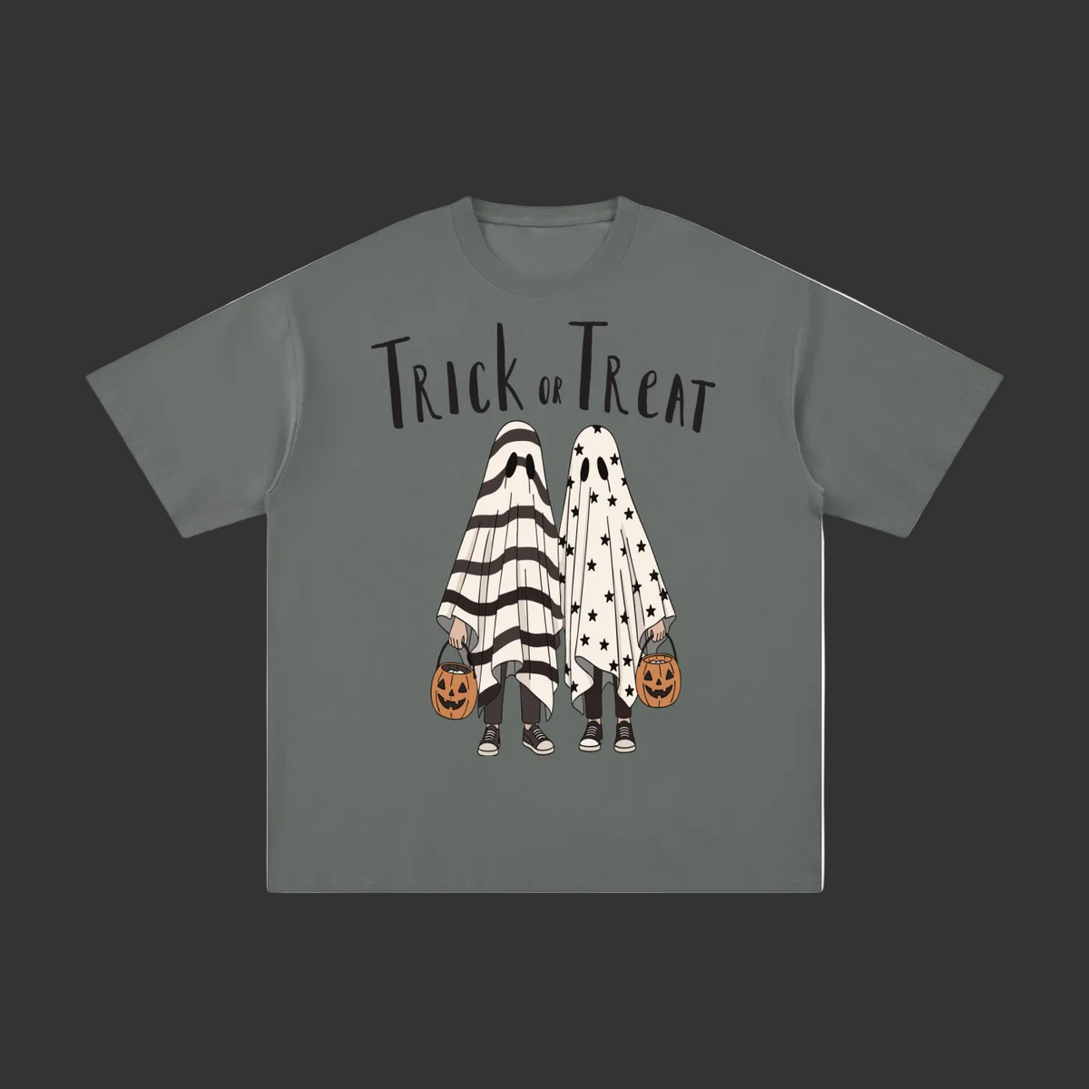 Gray t-shirt with two people with a sheet over them dressed as ghosts, holding candy bucket, and 'Trick Or Treat' text on a gray background