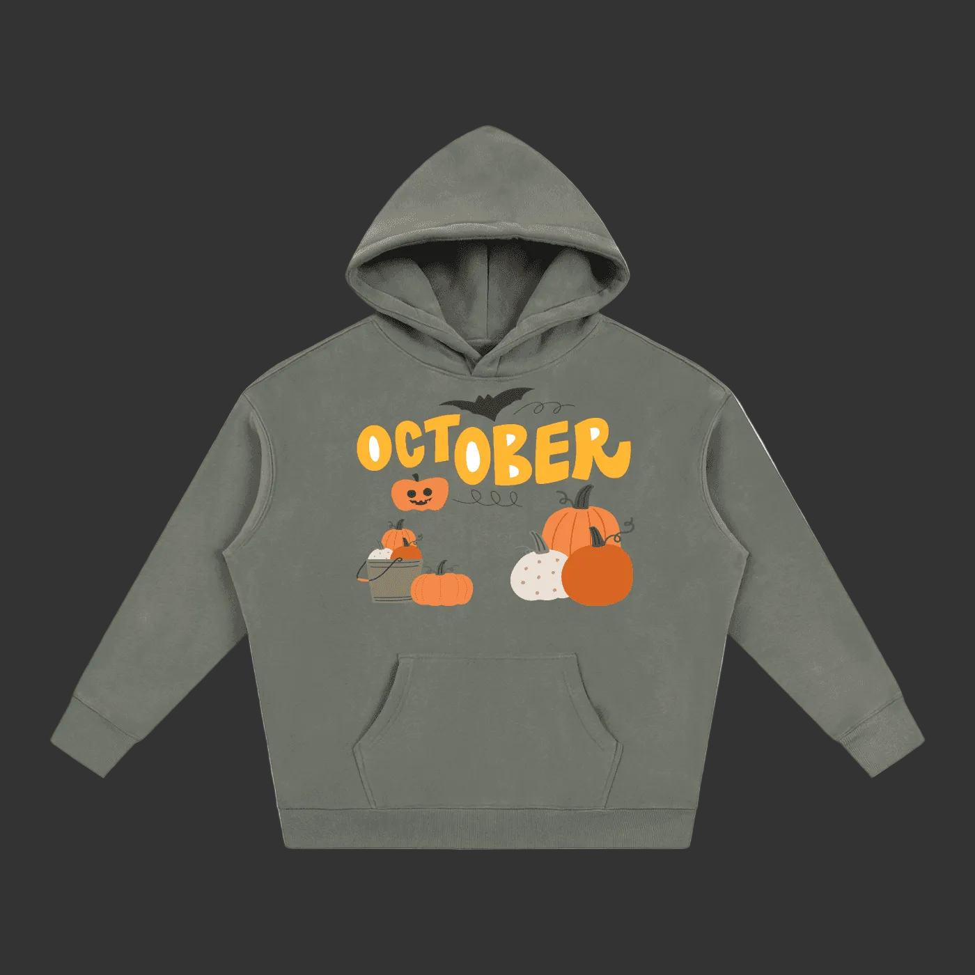 Unisex gray hoodie with October pumpkin graphic featuring pumpkins, a bat, and fall-themed elements, perfect for cozy autumn wear