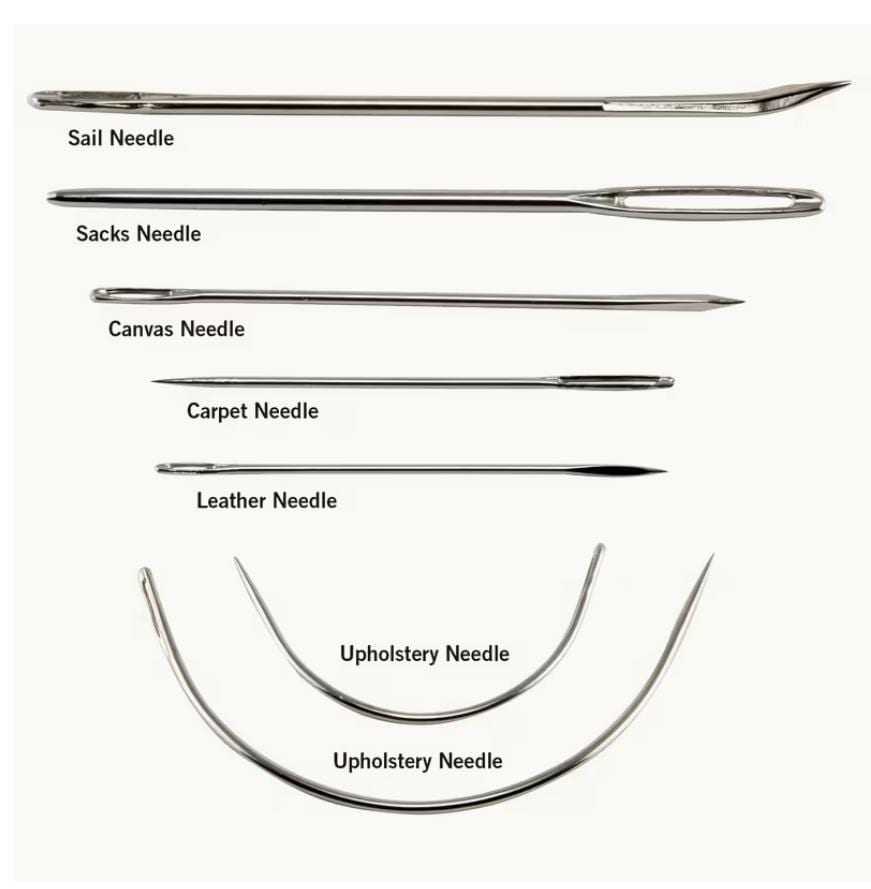 Assorted straight and curved leather sewing needles for upholstery repair, leather crafting, and hand stitching projects