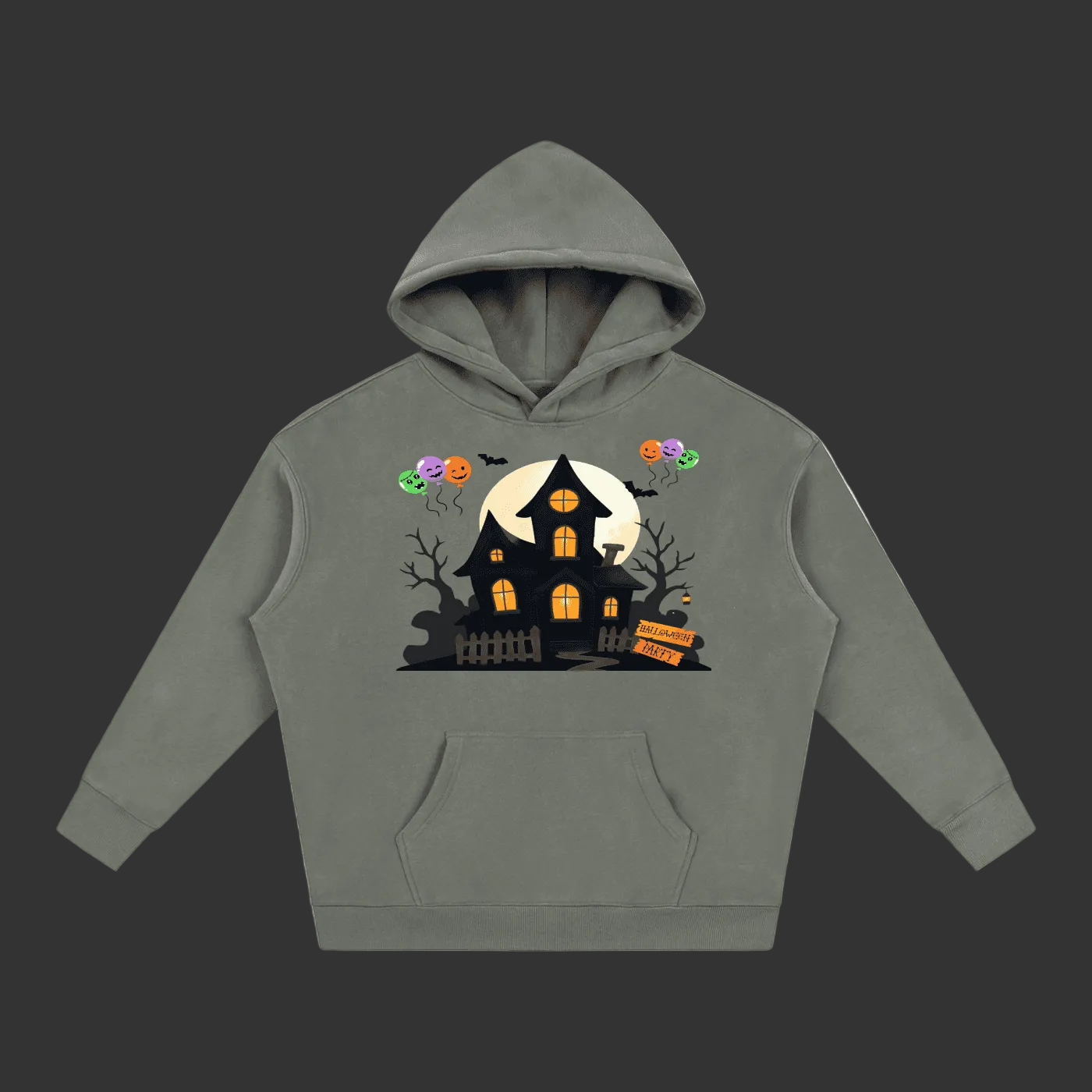 A gray pullover hoodie featuring a Halloween-themed graphic print on the front with a haunted house, full moon, bats, pumpkins, and balloons, shown against a plain gray background.