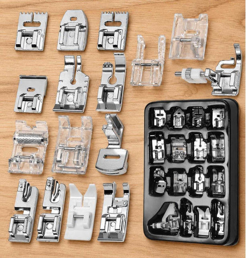 Assorted low shank snap-on presser feet with storage case for sewing machine quilting, embroidery, and sewing projects