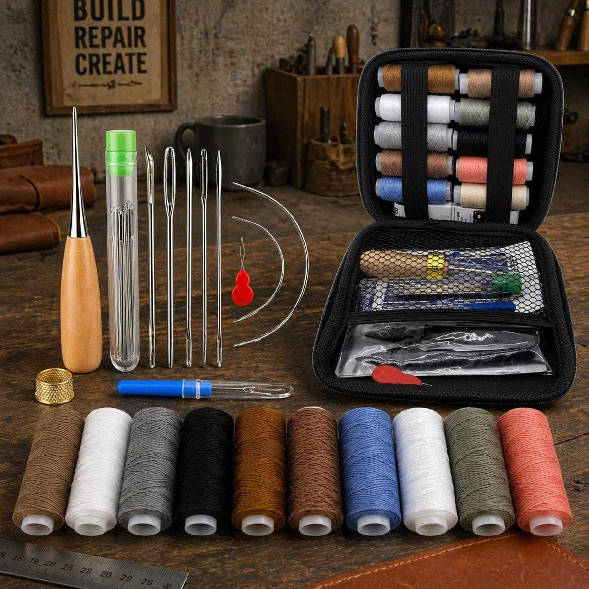 Heavy-duty leather sewing repair kit with hand stitching tools, waxed thread spools, needles, and storage case for upholstery and leather crafting