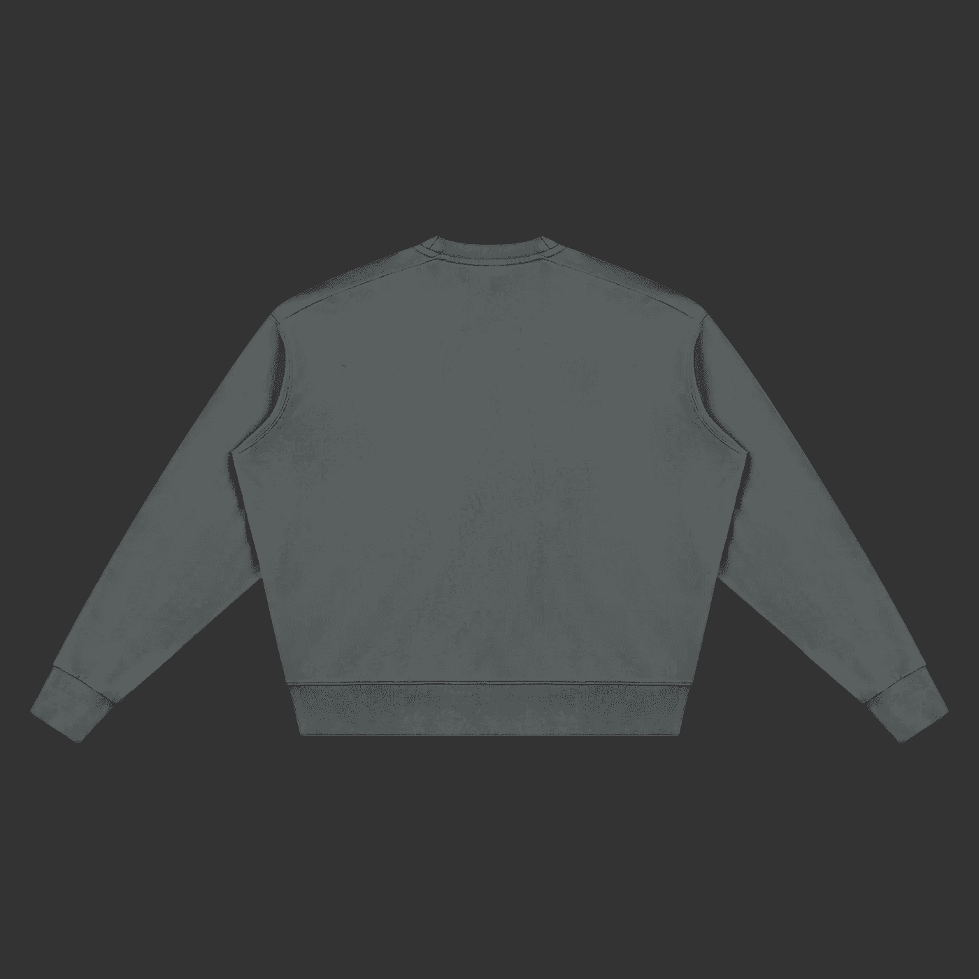 A dark gray crewneck sweatshirt shown from the back, laid flat against a solid gray background.