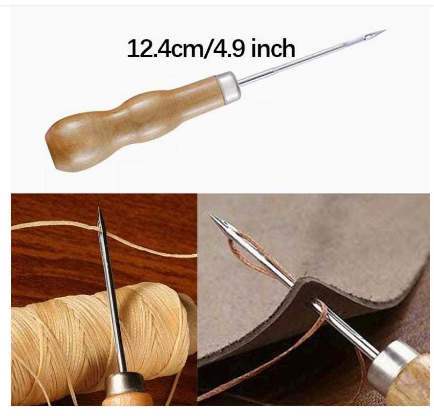 Leather stitching awl with wooden handle for piercing leather and creating hand-sewn stitching holes