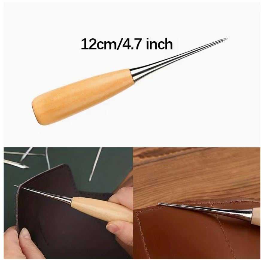 Leather stitching awl with wooden handle and size measurements shown for leather repair and hand stitching