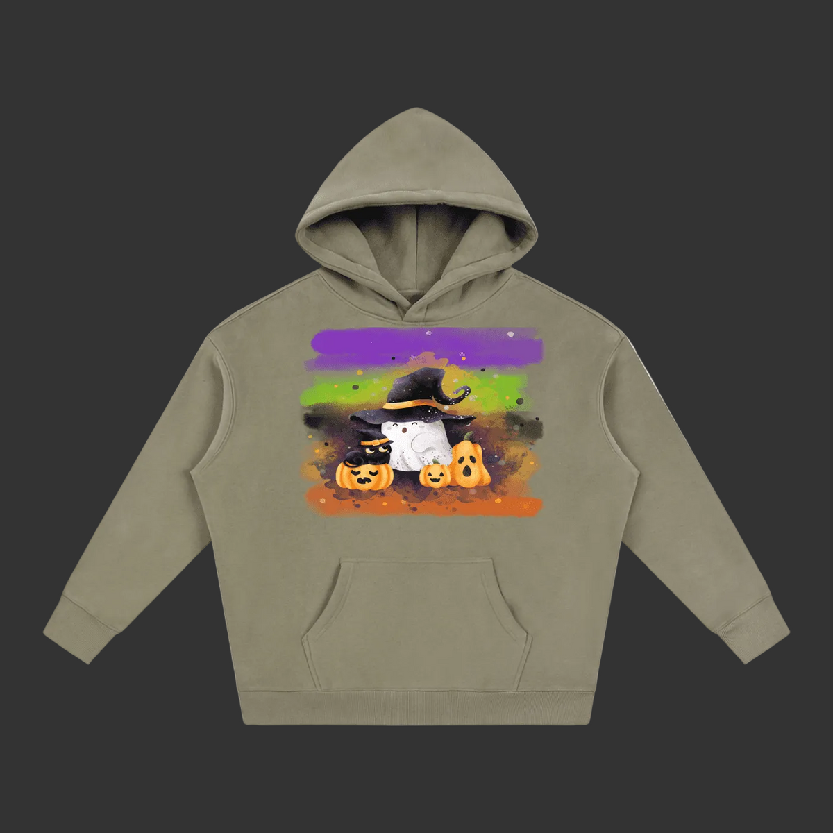 A sage green pullover hoodie with a colorful Halloween graphic on the chest, featuring a cartoon cat in a witch hat with pumpkins and a rainbow background.