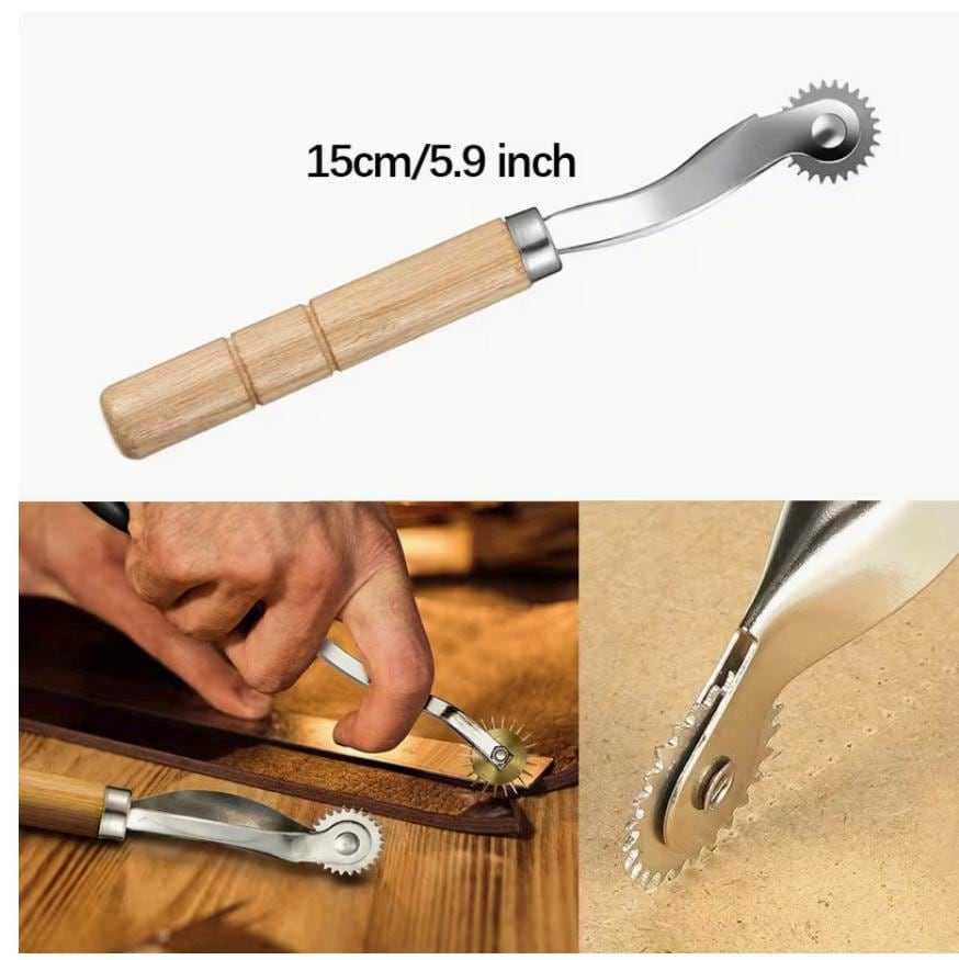 Leather tracing wheel tool with wooden handle for marking stitch lines and leather crafting projects