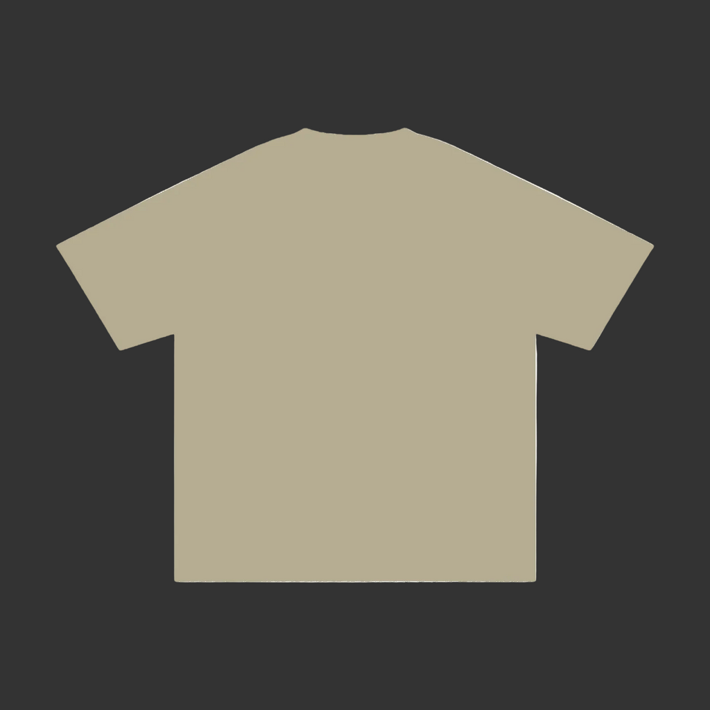 A plain short-sleeve crewneck t-shirt in a light beige or sand color, shown from the back against a solid gray background.