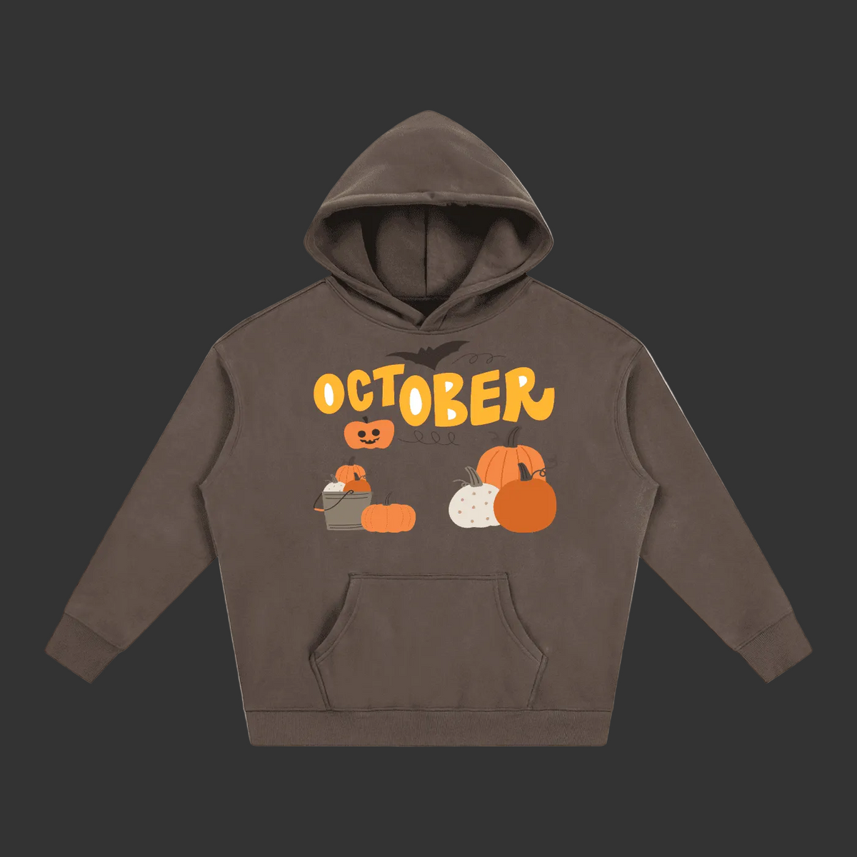 Unisex hoodie in taupe color with October pumpkin graphic, pumpkins, bat, and Halloween face, front view