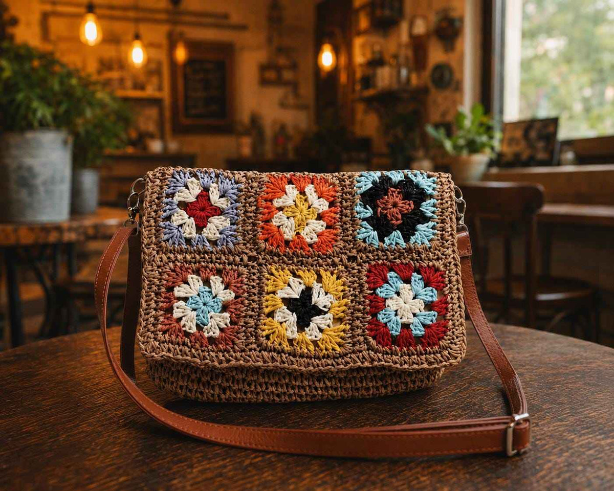Vintage granny square crochet purse with colorful floral patchwork design and boho-inspired shoulder strap