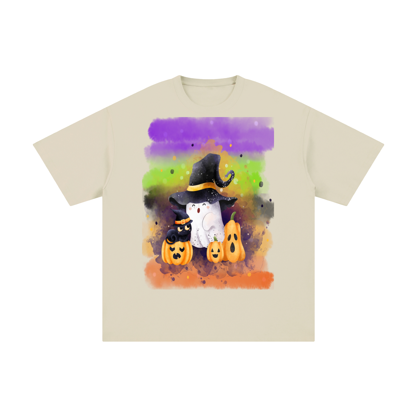 A light beige crewneck t-shirt featuring a colorful watercolor graphic of a white ghost in a black witch hat surrounded by three jack-o'-lantern pumpkins on a gray background.