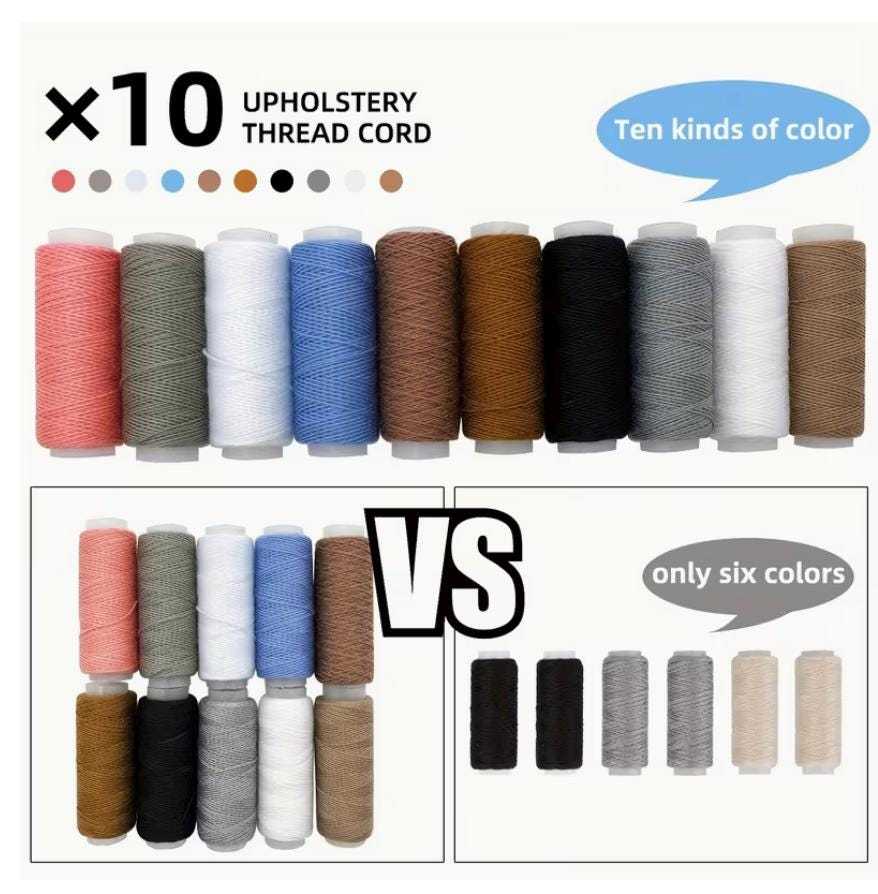 Assorted waxed upholstery repair thread spools in multiple colors for leather sewing and furniture repair projects