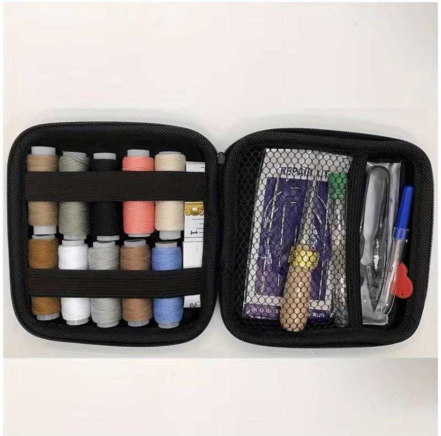 Heavy-duty leather sewing repair kit neatly organized in a portable storage case with thread spools, needles, and upholstery repair tools