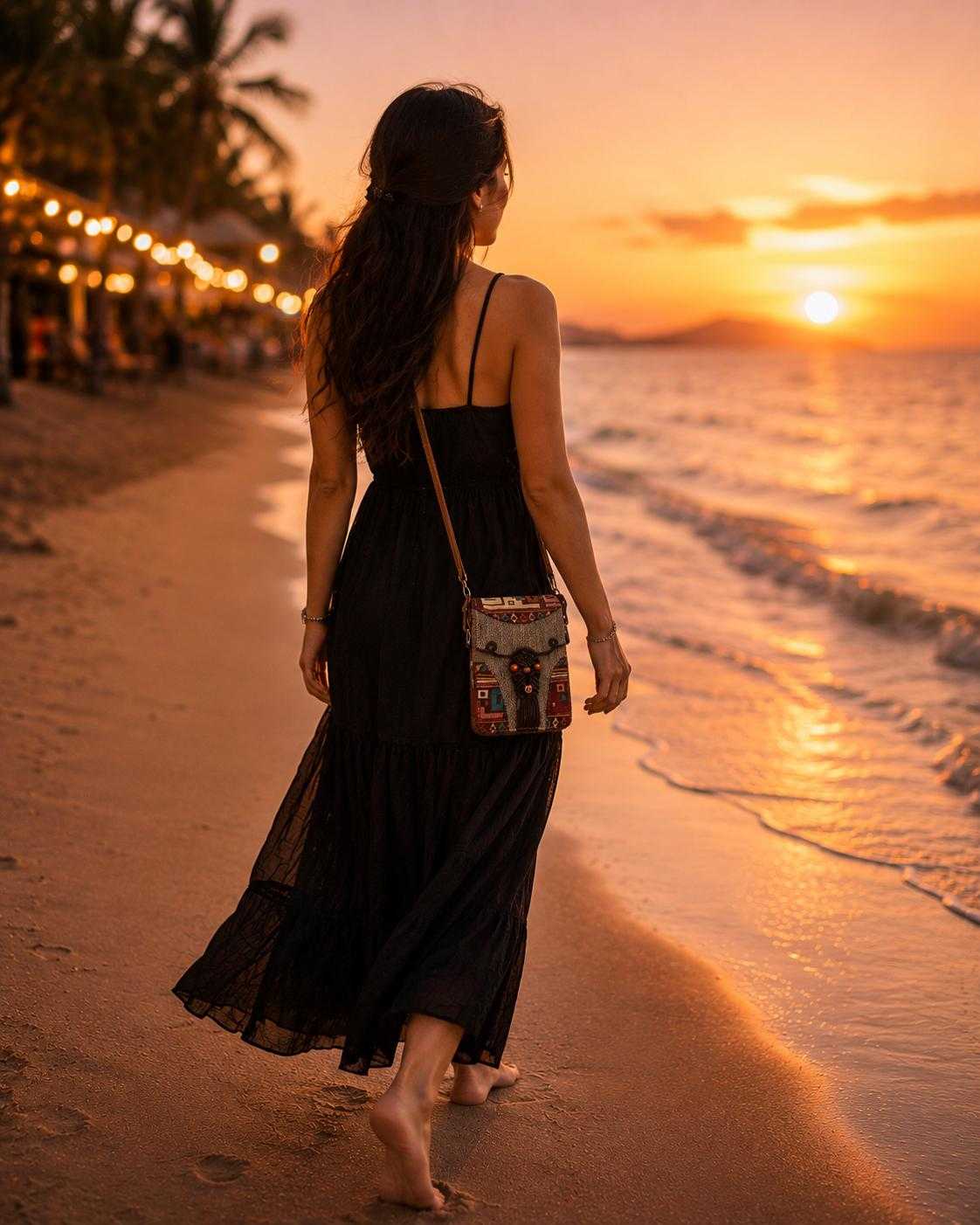 Woman with boho woven crossbody bag on beach at sunset