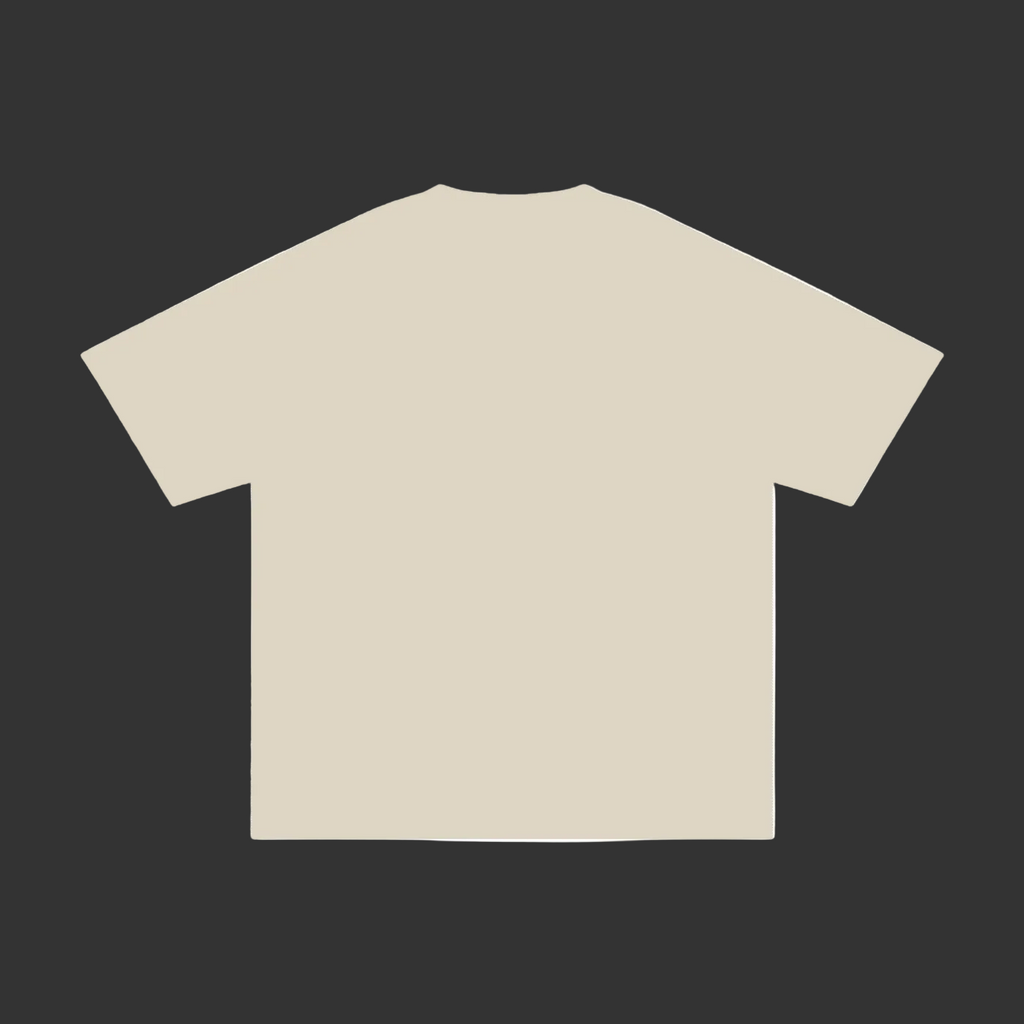 A plain short-sleeve crewneck t-shirt in a light cream or off-white color, shown from the back on a solid grey background.