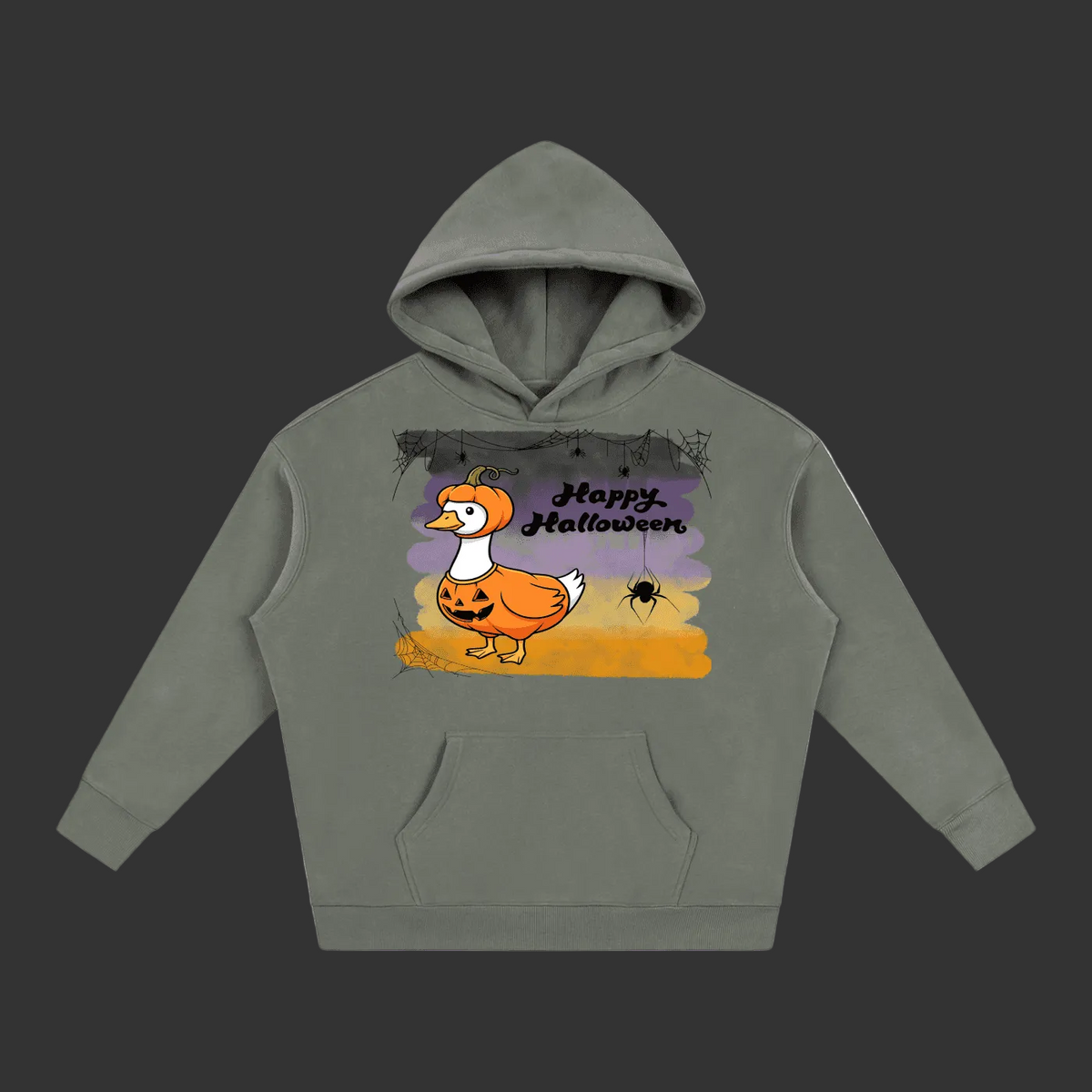 A gray pullover hoodie with a 'Happy Halloween' graphic on the chest, featuring a cartoon duck dressed as a pumpkin jack-o'-lantern against a purple and orange sunset background.