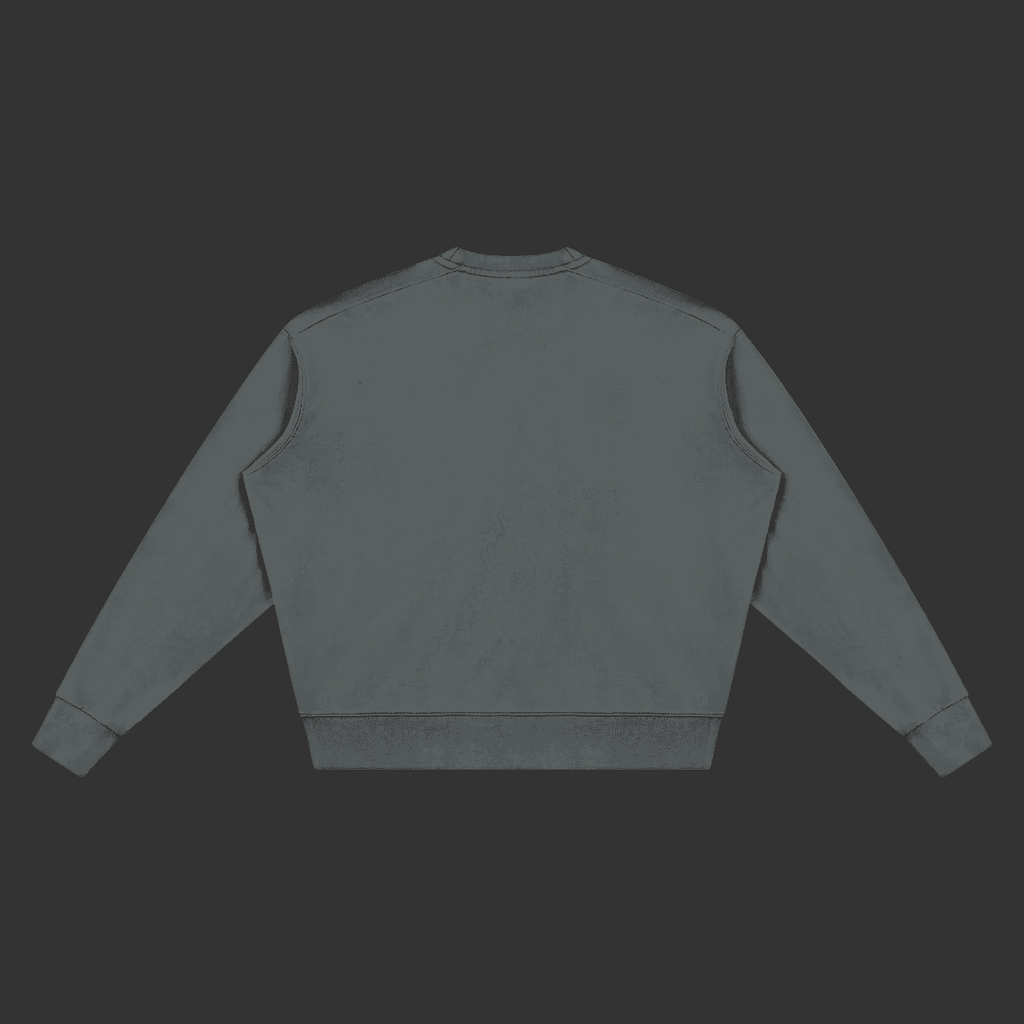 A dark gray crewneck sweatshirt shown from the back, laid flat against a solid dark gray background.