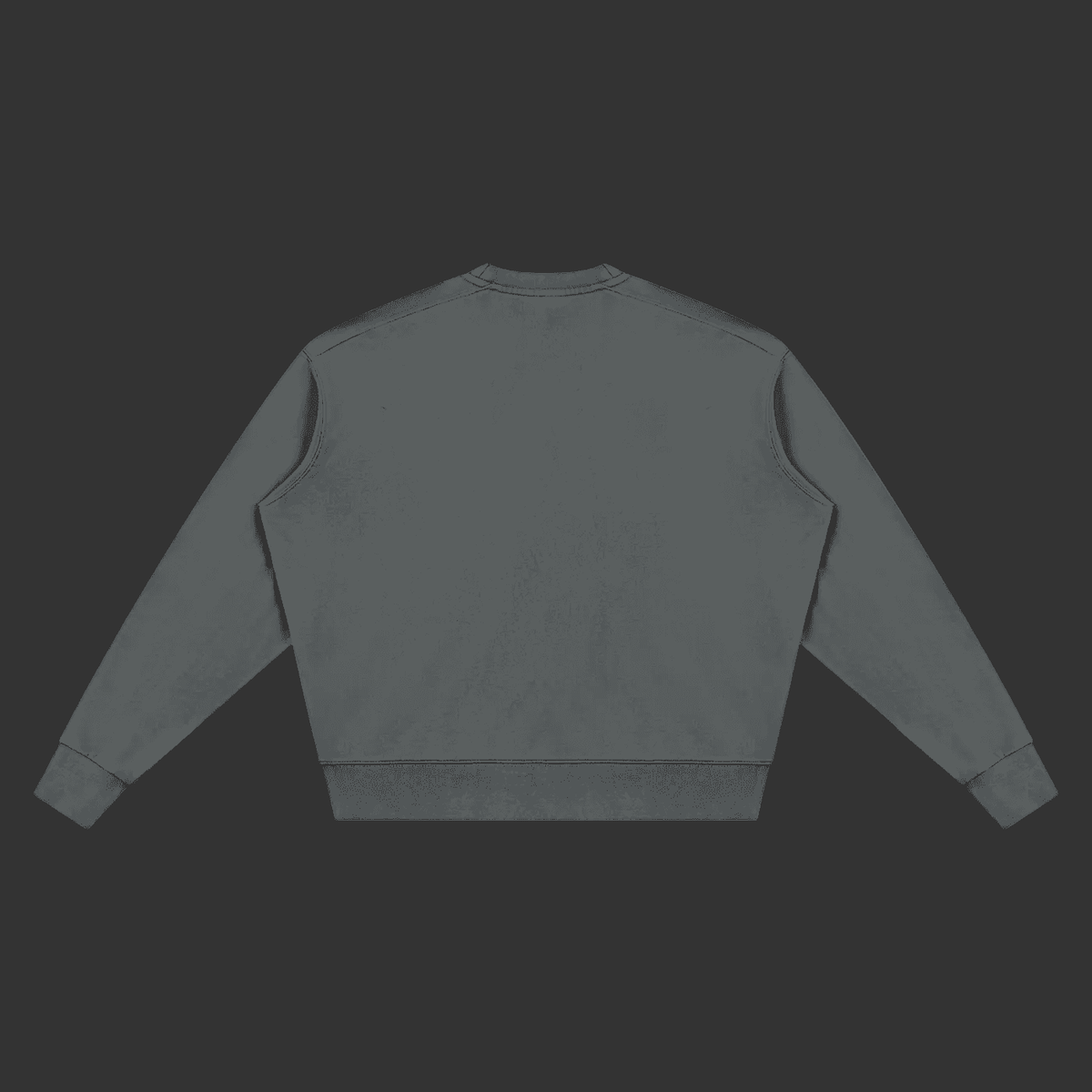 A dark gray crewneck sweatshirt shown from the back, laid flat against a solid dark gray background.
