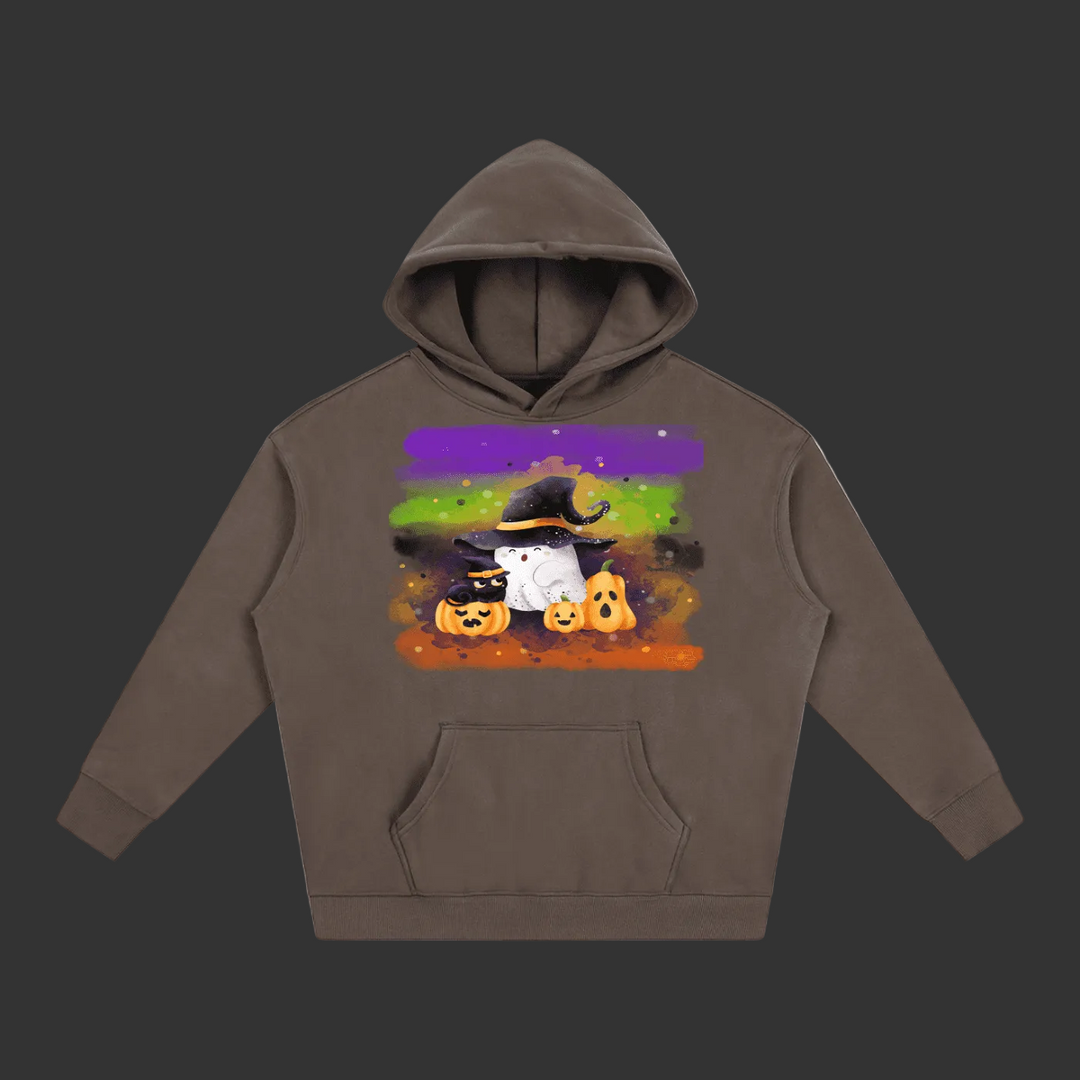 A dark brown pullover hoodie with a colorful graphic print on the chest showing a white ghost in a witch hat surrounded by three jack-o'-lantern pumpkins on a purple, green, and orange background.