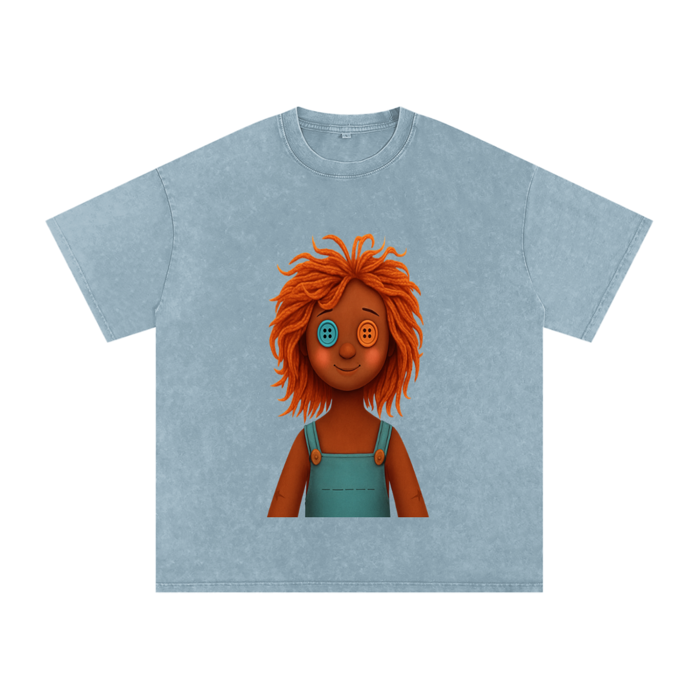 A light blue short-sleeve t-shirt with a graphic print of a doll character with orange hair and a buttoned eye, displayed on a solid white background.