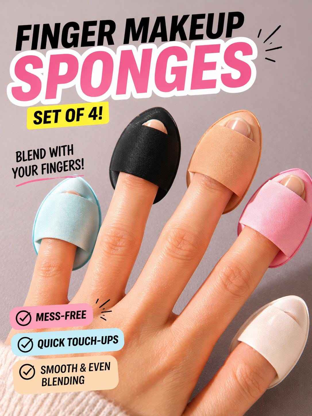 Set of 4 mini finger makeup sponges designed for precise concealer, foundation, contour, and detail makeup application
