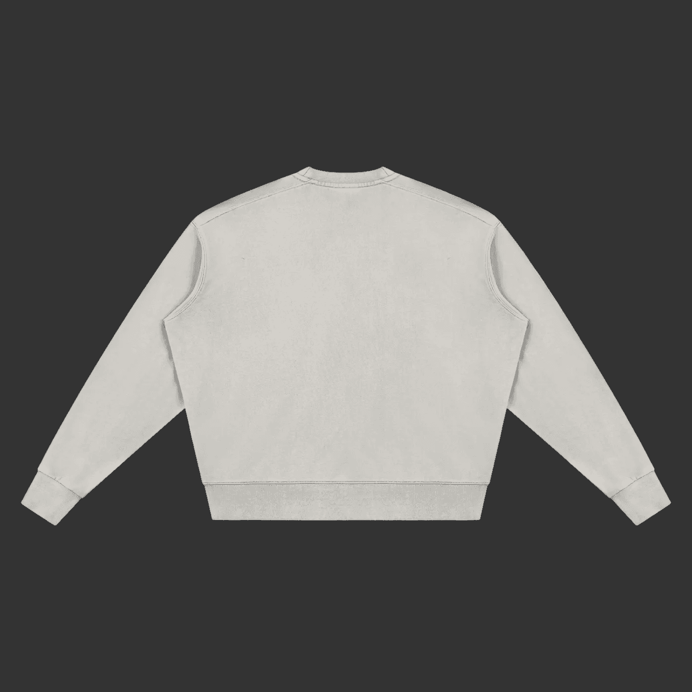 A light gray crewneck sweatshirt shown from the back, laid flat against a dark gray background.