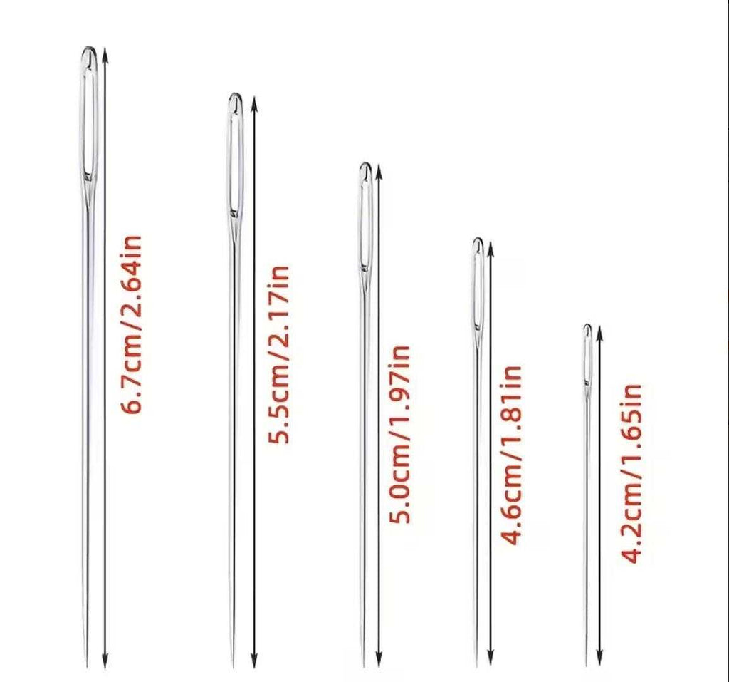 Large-eye hand sewing needles in multiple sizes with length measurements displayed for sewing and embroidery projects