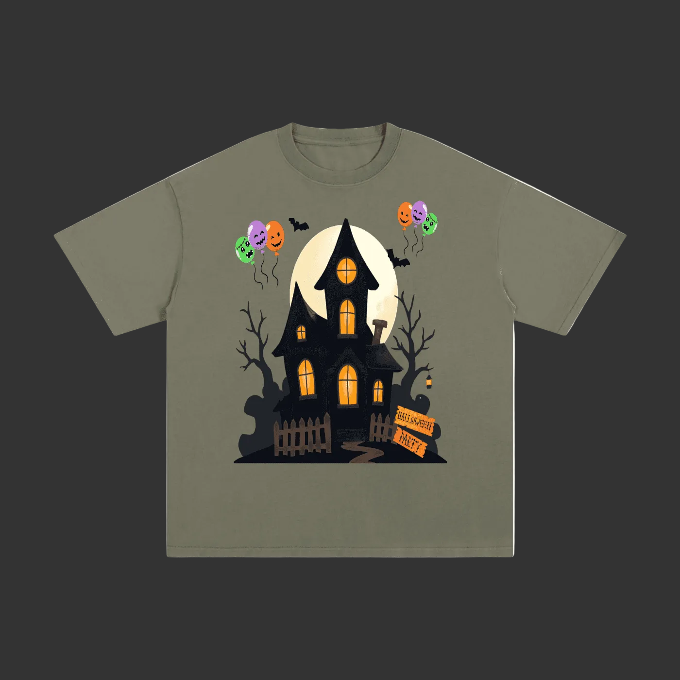 An olive green short-sleeve t-shirt with a graphic of a haunted house, full moon, bats, jack-o'-lantern balloons, and a 'DO NOT DISTURB' sign on a plain gray background