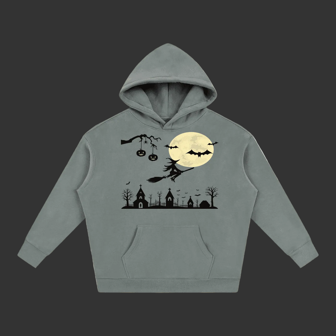 A gray pullover hoodie featuring a black and yellow Halloween graphic print on the front, including a witch riding a broomstick, bats, a full moon, and spooky house silhouettes, shown against a plain gray background.