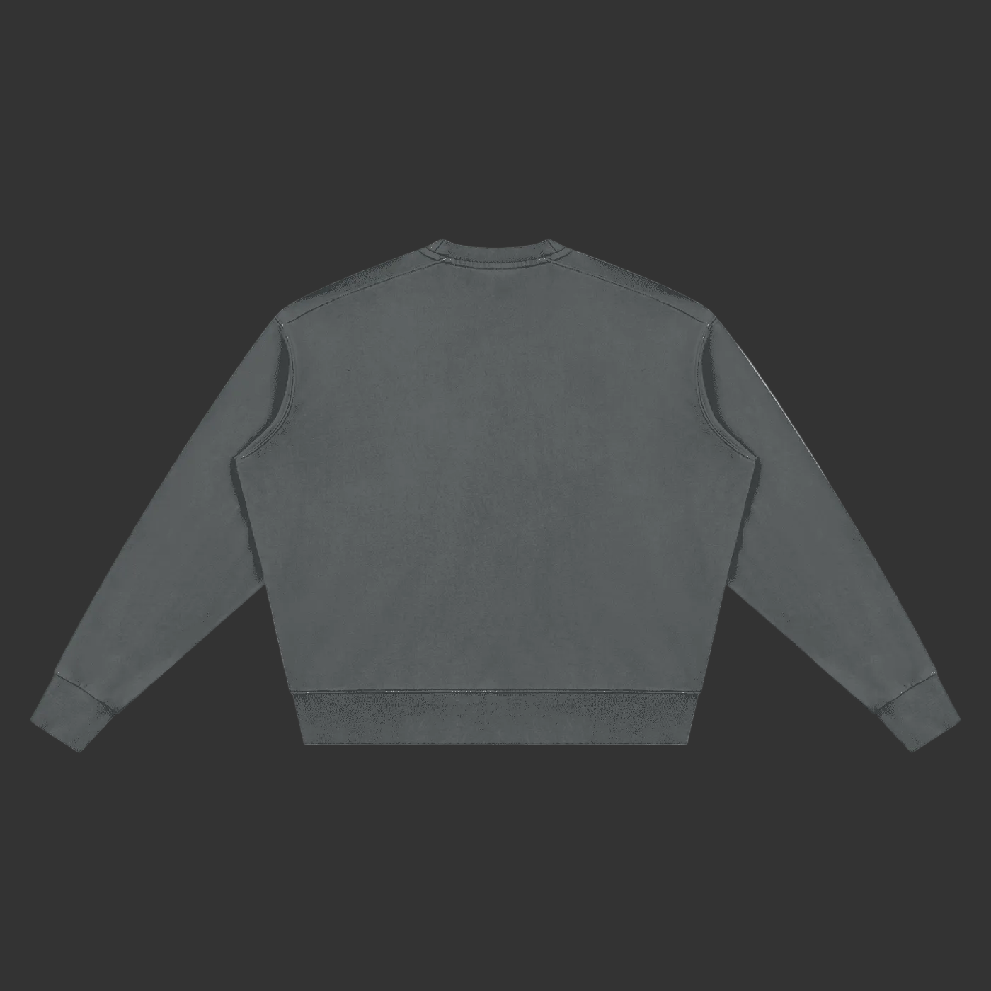 A dark gray crewneck sweatshirt shown from the back, laid flat against a solid gray background.