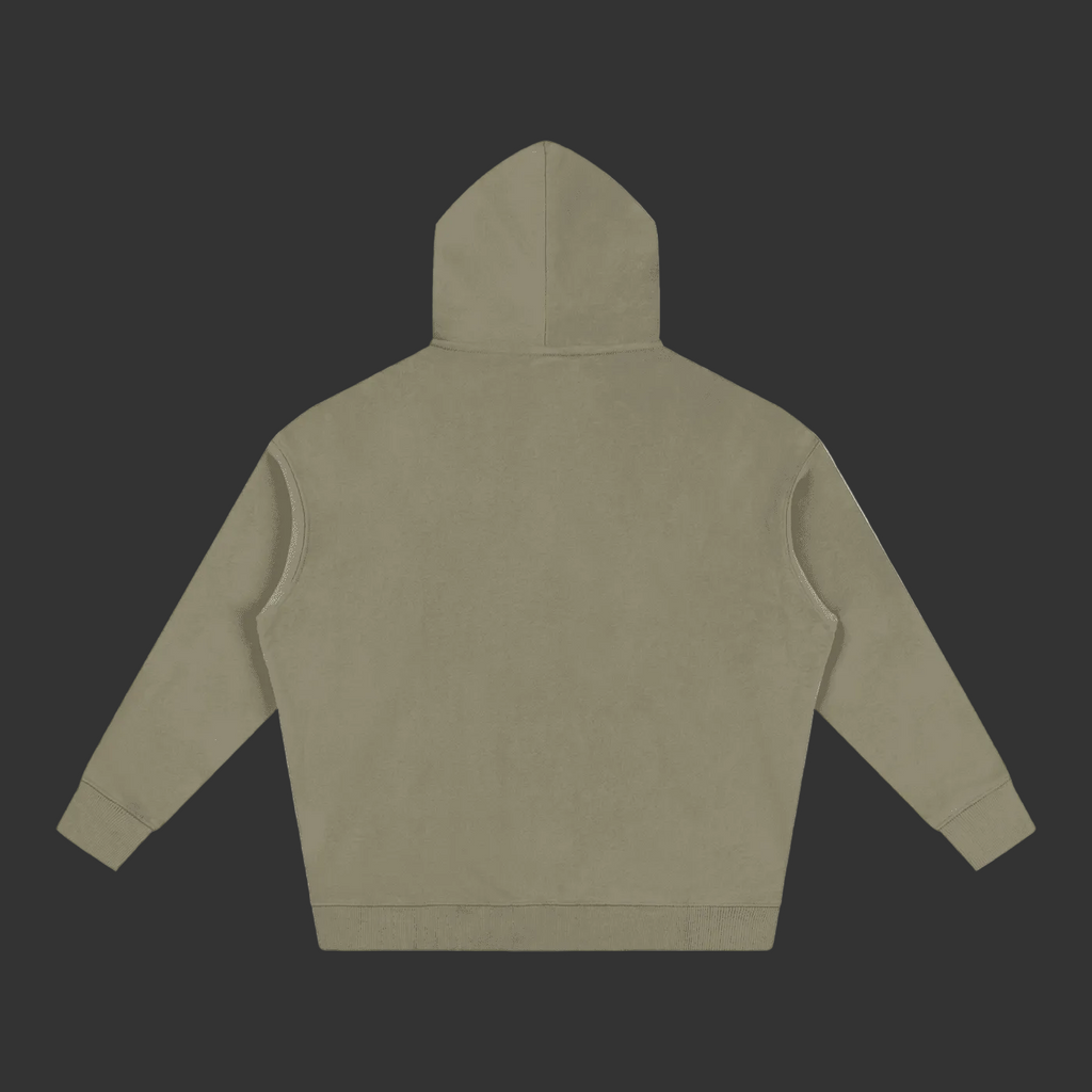 A sage green hoodie shown from the back, laid flat against a solid gray background.