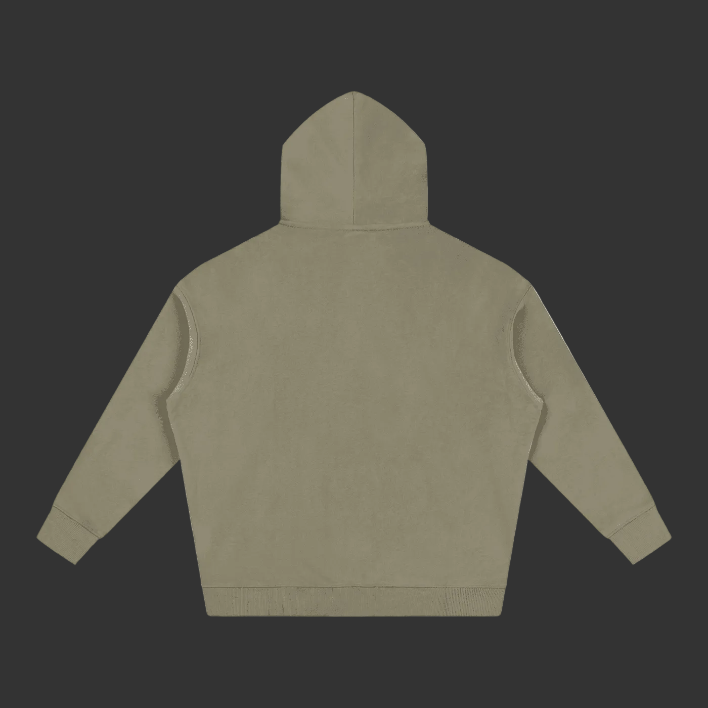 A sage green cropped hoodie shown from the back, laid flat against a solid gray background