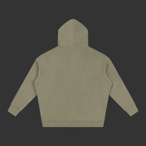 A sage green cropped hoodie shown from the back, laid flat against a solid gray background