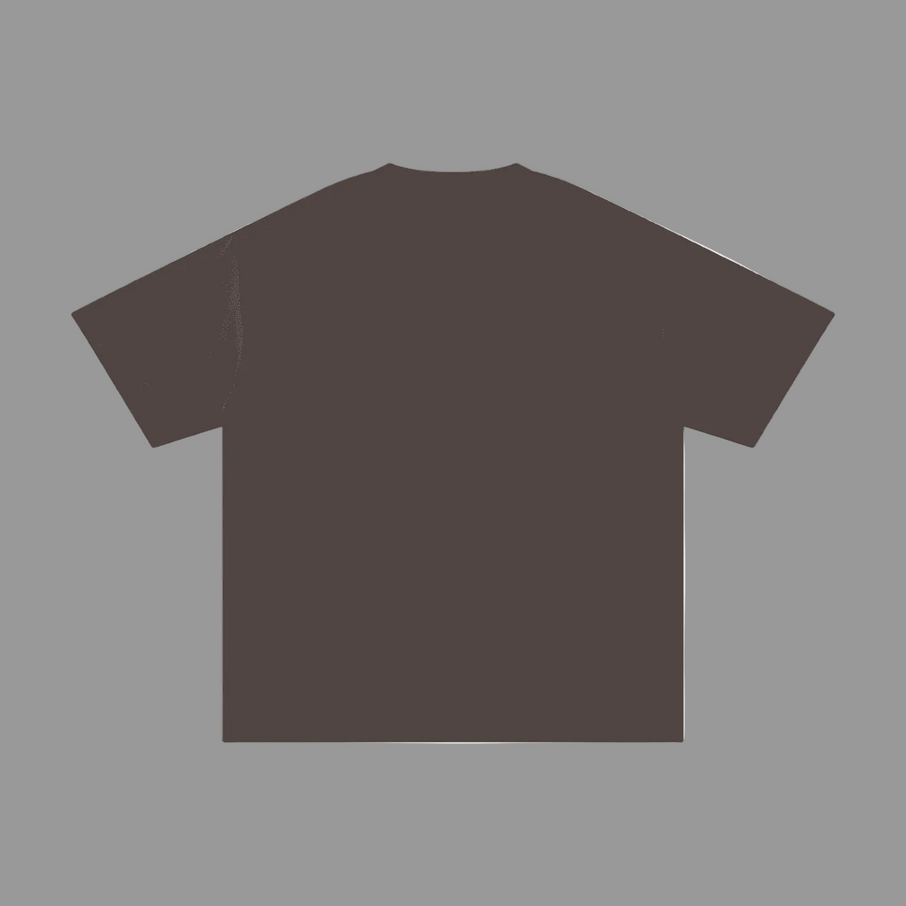 A dark brown short-sleeve t-shirt shown from the back, laid flat against a solid gray background.