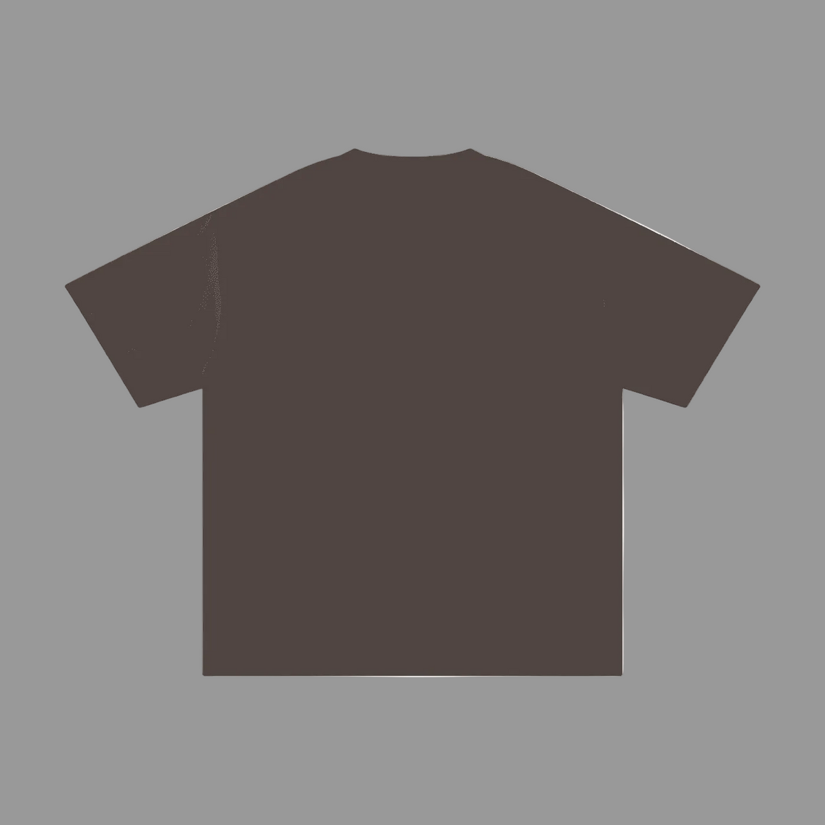 A dark brown short-sleeve t-shirt shown from the back, laid flat against a solid gray background.