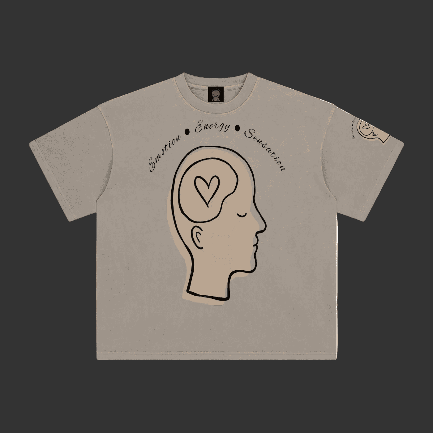 A light gray crewneck t-shirt featuring a graphic of a side profile of a head with a heart inside, with the words 'Emotion', 'Energy', and 'Suggestion' written above it.