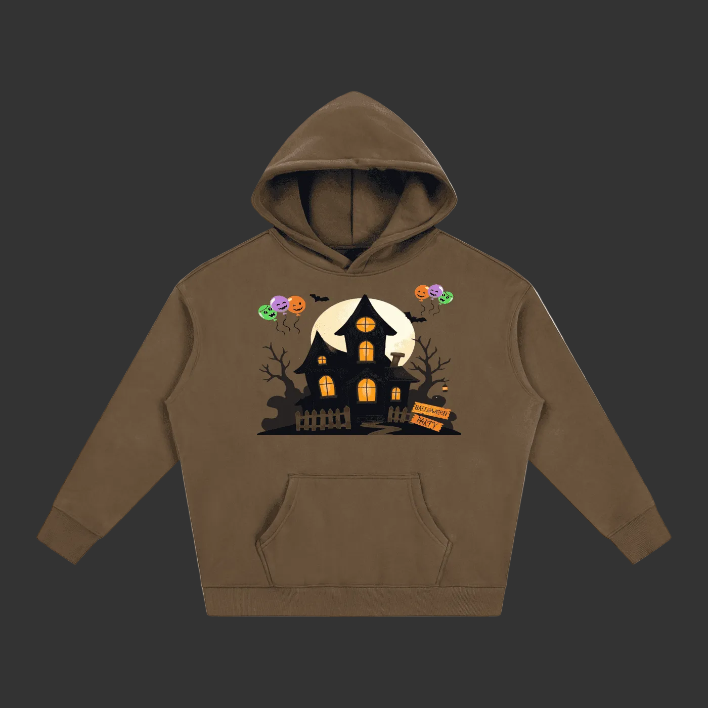 A brown pullover hoodie with a Halloween-themed graphic on the chest, featuring a haunted house, full moon, bats, balloons, and a pumpkin, shown on a plain gray background.