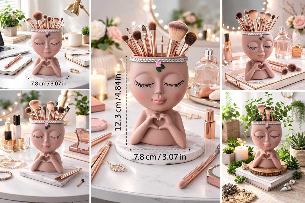 Makeup brush holder and decorative planter collage showcasing vanity organization, home décor styling, and product dimensions