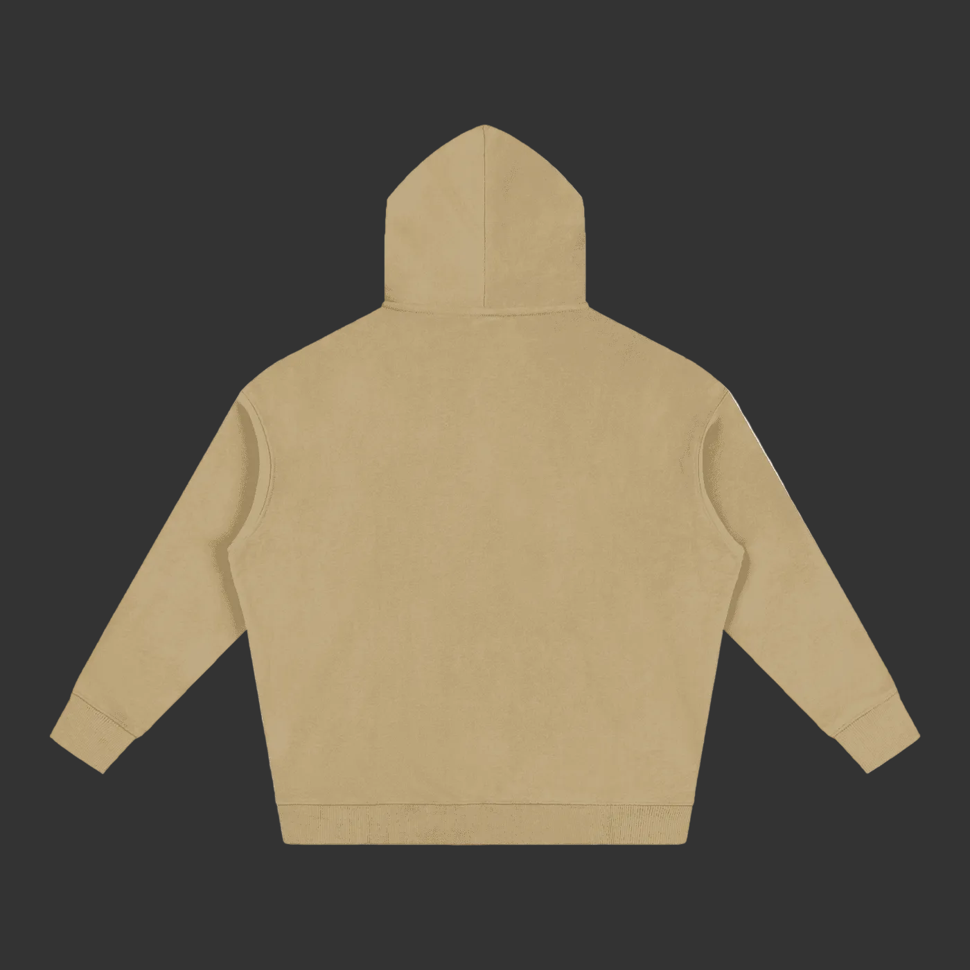 A light tan hooded sweatshirt shown from the back, laid flat against a solid gray background.