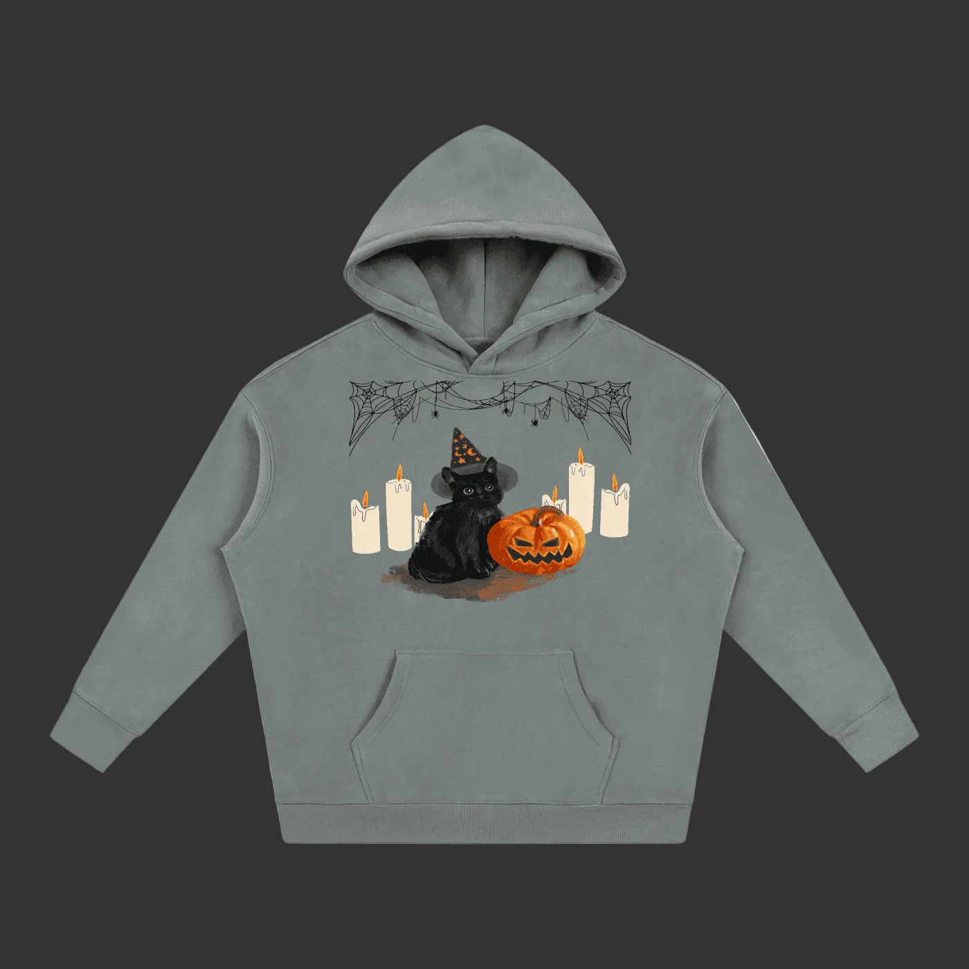 A gray pullover hoodie featuring a Halloween graphic of a black cat in a witch hat next to a jack-o'-lantern pumpkin and white candles, displayed on a clean gray background.