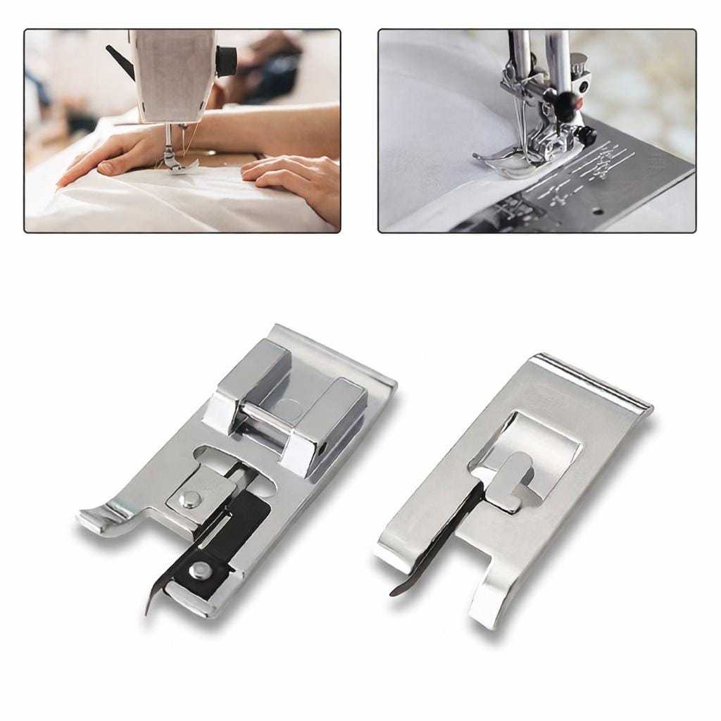 Overlock presser foot set with sewing machine application examples for edge finishing and overcast stitching
