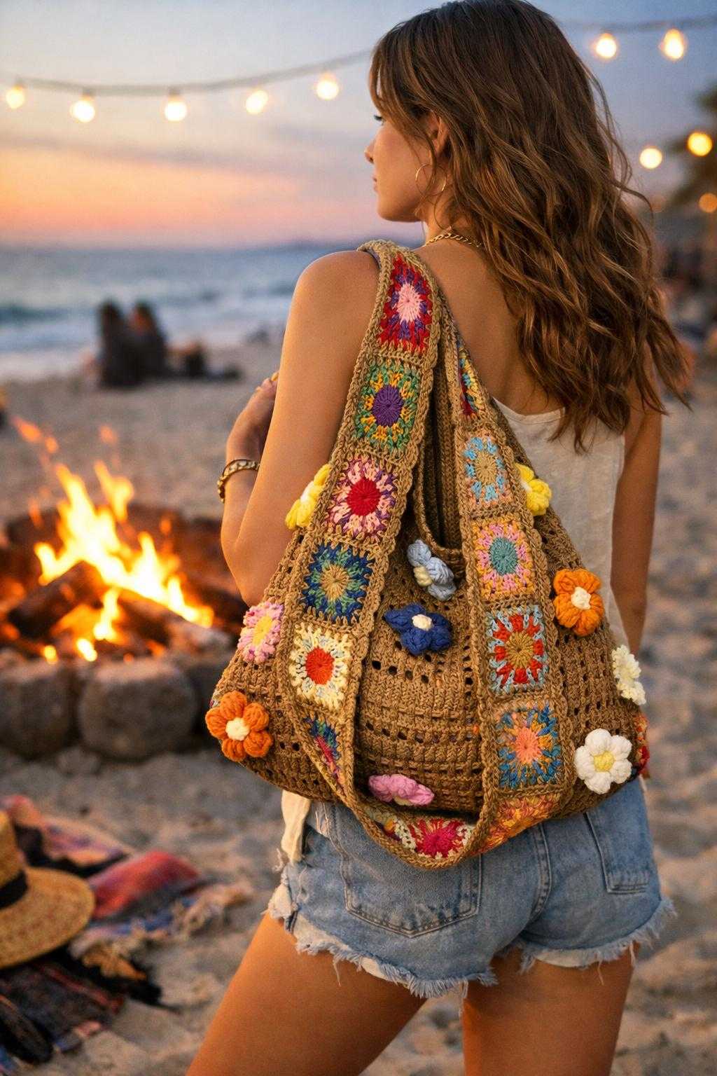 Woman carrying a boho crochet tote bag with colorful granny square floral pattern and shoulder straps at the beach