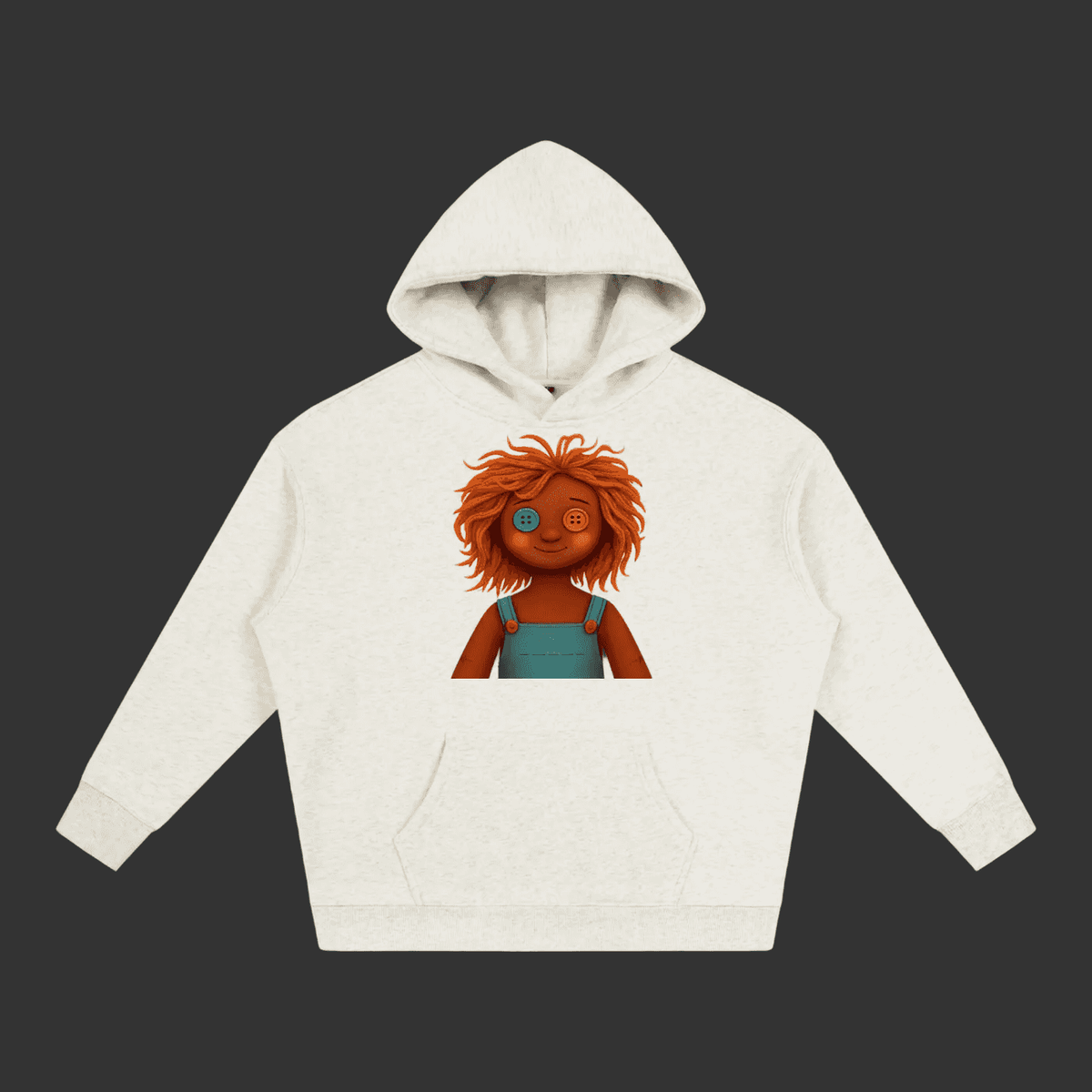 An off-white hooded sweatshirt with a graphic print of a cartoon girl with orange hair and a blue top on the front, displayed against a solid gray background.